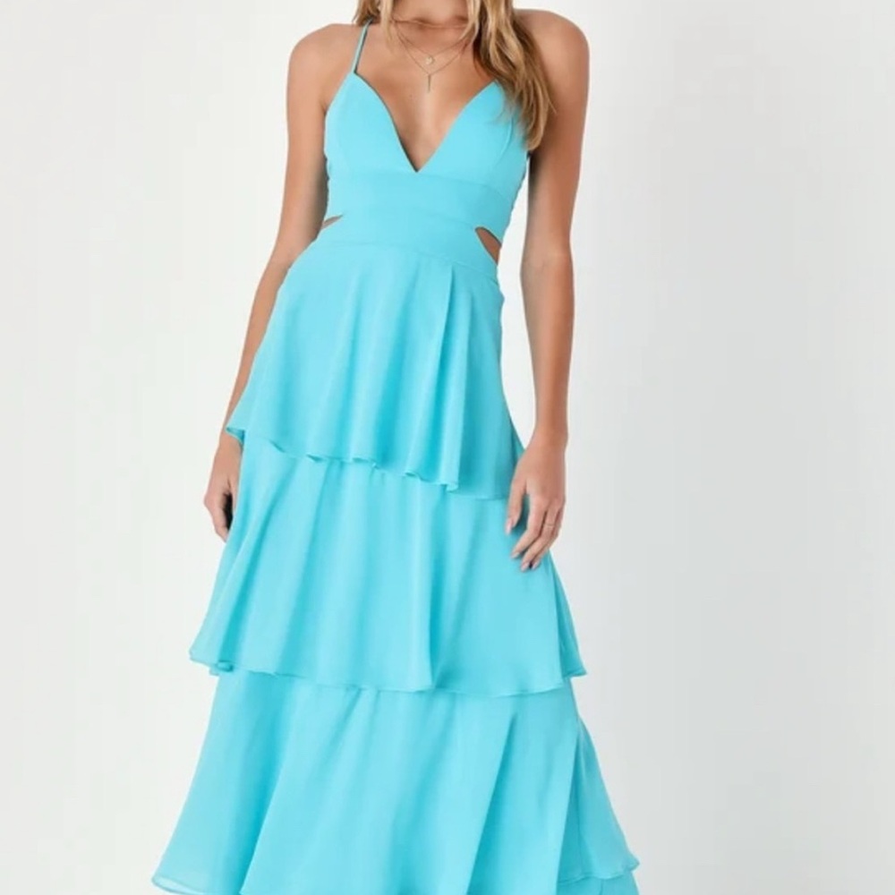 Lulu’s Tiered Turquoise Blue Maxi Dress